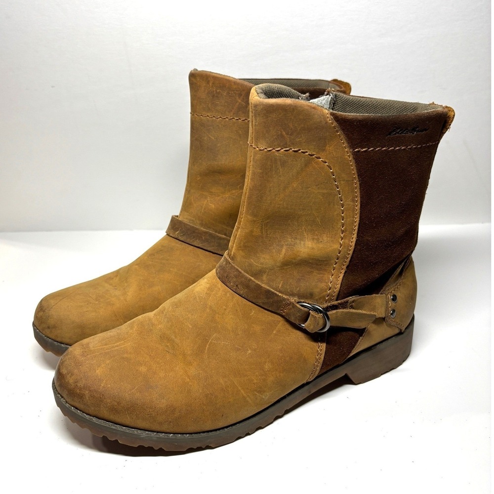 Eddie Bauer Women Covey 9.5 Boot Brown Leather Suede Buckle Zip Waterproof Biker